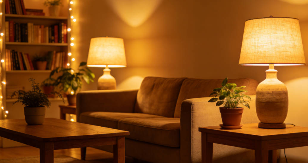 Use warm lighting with table lamps and string lights instead of harsh overhead fixtures