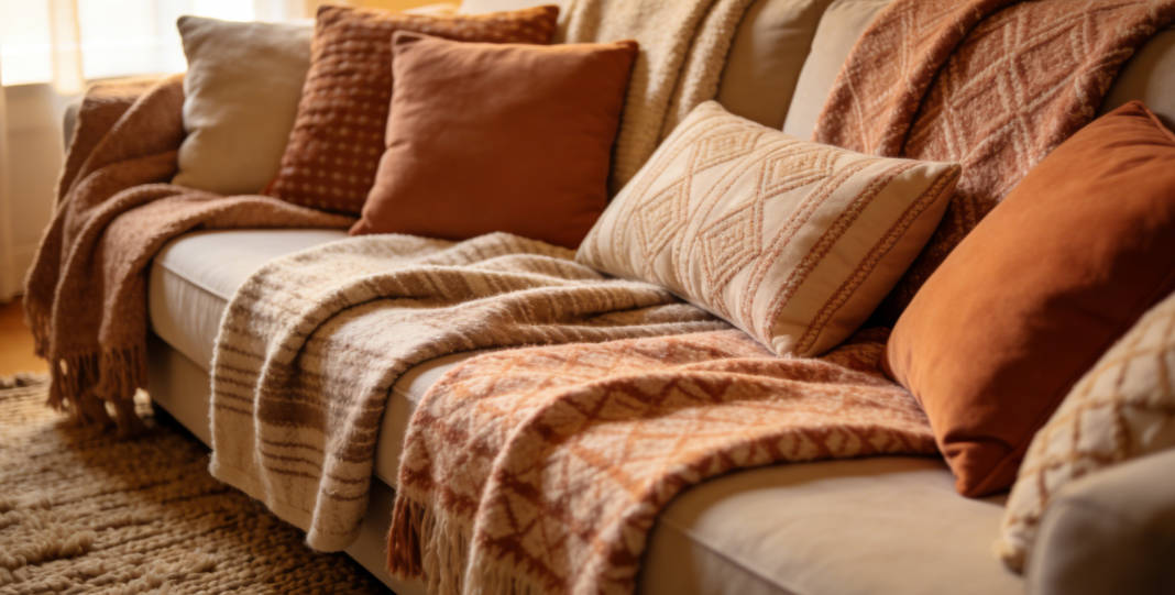 Layer textiles with throw blankets, pillows, and rugs for instant warmth