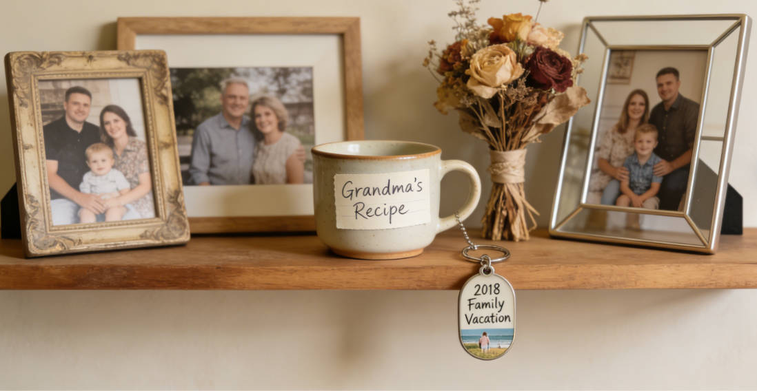 Create personal displays with family photos and meaningful mementos
